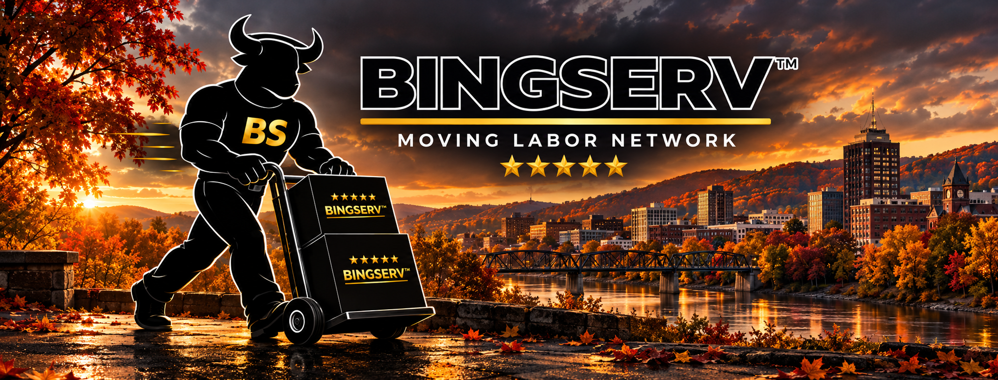 BINGSERV Moving Labor Network — the Beast and five gold stars over the autumn Binghamton skyline